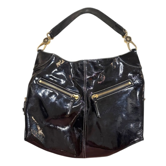 Dooney & Bourke Black Patent Leather Hobo Bag – Zip Pocket Slouch Style - Picture 16 of 16